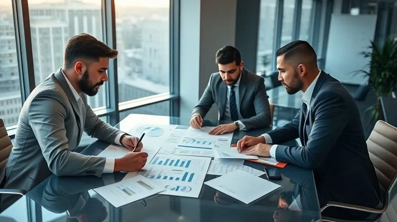 A photorealistic image of a diverse team of professionals (a business owner, a public adjuster, and a forensic accountant) collaborating around a large table, reviewing complex financial charts and policy documents. The atmosphere is focused and strategic, with natural light streaming through a modern office window. Professional photography, 8K, cinematic lighting, sharp focus on the team, depth of field blurring the background, shot on a high-end DSLR.