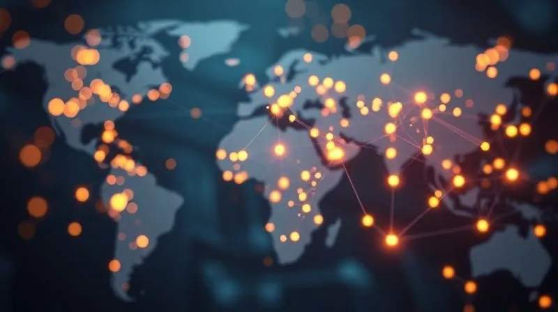 A photorealistic abstract representation of data flowing through interconnected global networks, with subtle glowing nodes representing positive social and environmental outcomes, overlaid with digital lines and light trails. 8K, cinematic lighting, sharp focus, depth of field.