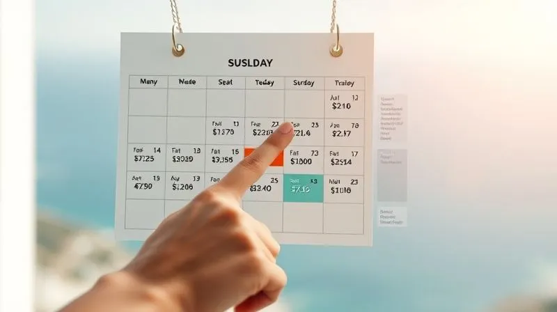 photorealistic, professional photography, 8K, cinematic lighting, sharp focus, depth of field, shot on a high-end DSLR, a hand pointing to a calendar highlighting dates in a shoulder season (e.g., late fall or early spring), with hotel price graphs showing a clear dip during those highlighted periods. The scene is bright and optimistic, conveying smart planning. Emotionally resonant with strategic timing and cost-effectiveness.
