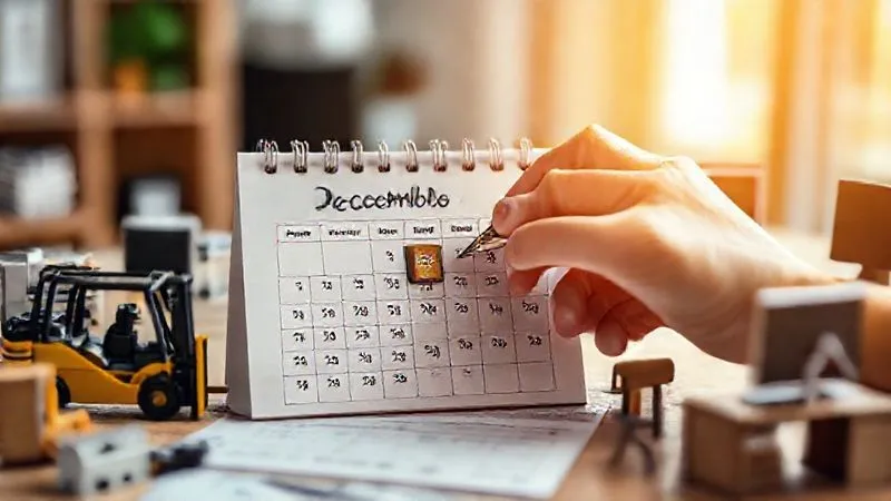 photorealistic, professional photography, 8K, cinematic lighting, sharp focus, depth of field, shot on a high-end DSLR. A modern calendar with the month of December prominently displayed, surrounded by miniature models of business assets like a forklift, a computer, and office furniture. A hand with a pen is circling a date on the calendar, indicating strategic planning for year-end purchases. The scene is bathed in warm, focused light, conveying thoughtful decision-making and preparedness.