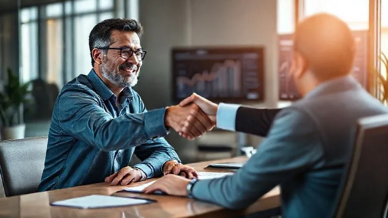 photorealistic, professional photography, 8K, cinematic lighting, sharp focus, depth of field, shot on a high-end DSLR. A small business owner looking relieved and confident, shaking hands with a professional, friendly tax advisor across a modern office desk. Financial charts are subtly visible on a screen in the background. The atmosphere is collaborative and trustworthy, emphasizing the value of expert guidance in complex financial matters.