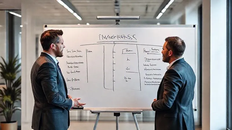 A professional whiteboard with clear, interconnected business goals and KPIs written on it, being discussed by two business professionals in a modern office setting. Photorealistic, professional photography, 8K, cinematic lighting, sharp focus, depth of field, shot on a high-end DSLR.