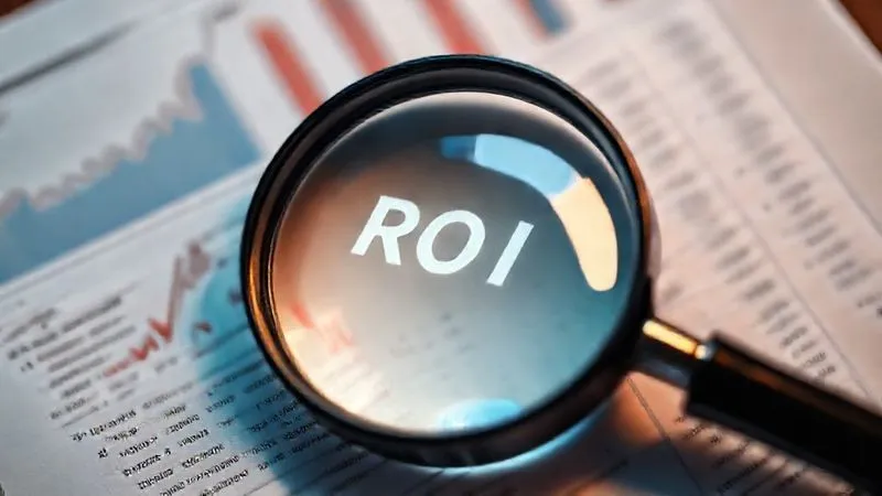 A photorealistic image of a magnifying glass hovering over a detailed financial report, highlighting positive ROI figures amidst complex data, with a subtle glow around the numbers. Photorealistic, professional photography, 8K, cinematic lighting, sharp focus, depth of field, shot on a high-end DSLR.