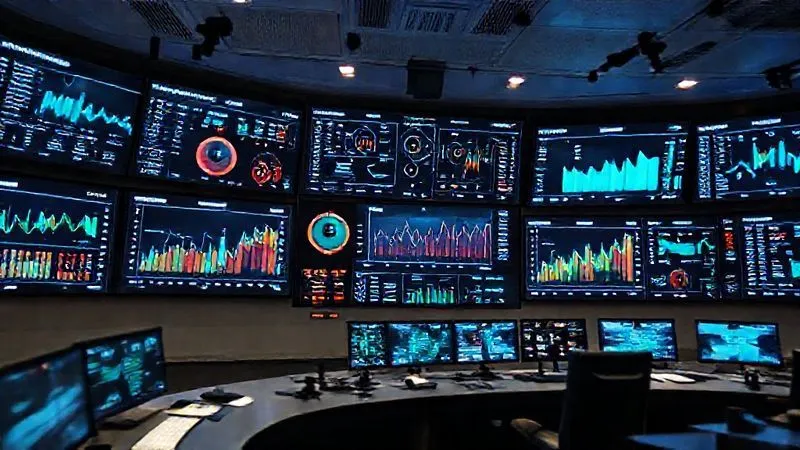 A photorealistic image of a modern control room with multiple large screens displaying real-time data dashboards, showing various metrics, trends, and performance indicators for an insurance company. The scene is dynamic, with subtle motion blur on moving data points. Photorealistic, professional photography, 8K, cinematic lighting, sharp focus, depth of field, shot on a high-end DSLR.