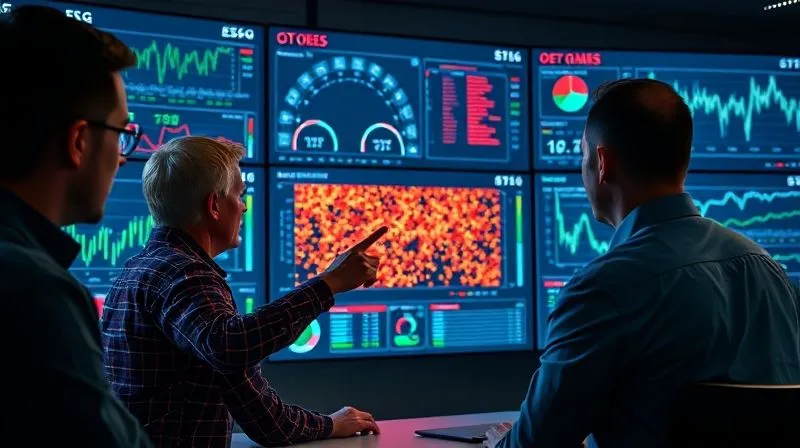 Photorealistic, professional photography, 8K, cinematic lighting, sharp focus, depth of field, shot on a high-end DSLR. A diverse team of data analysts intently studying multiple large screens displaying complex ESG data dashboards, with charts, graphs, and heatmaps. One analyst points to a particularly dense cluster of data, symbolizing deep analysis and verification. The atmosphere is focused and collaborative.