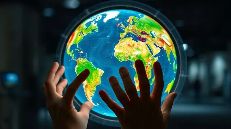 Photorealistic, professional photography, 8K, cinematic lighting, sharp focus, depth of field, shot on a high-end DSLR. A holographic globe displaying intricate layers of environmental data: green patches for forest cover, blue for water quality, and red hotspots indicating emissions, all overlaid with company operational footprints. Hands are interacting with the holographic interface, symbolizing data analysis and environmental monitoring.