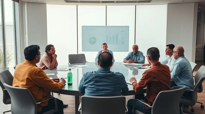 Photorealistic, professional photography, 8K, cinematic lighting, sharp focus, depth of field, shot on a high-end DSLR. A diverse group of stakeholders (investors, community leaders, employees) seated around a large circular table in a modern, sunlit conference room, engaged in a passionate but constructive dialogue. One person is presenting data on a transparent screen, while others are actively listening and taking notes, symbolizing collaborative problem-solving and open communication.