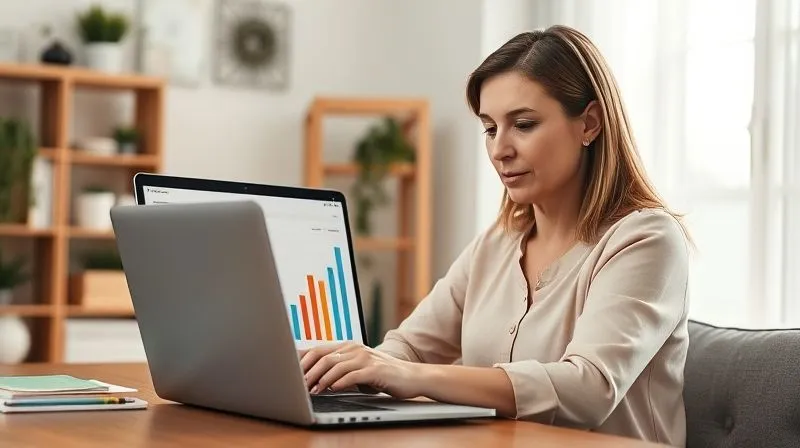 A photorealistic image of a business owner, a woman in her late 30s, intently reviewing a detailed financial report on a laptop screen, which displays a consolidated view of both personal and business finances. Her expression is focused and confident, surrounded by natural light in a modern, organized home office. Sharp focus on the laptop screen and her face, depth of field blurring the background, 8K hyper-detailed, professional photography, shot on a high-end DSLR.