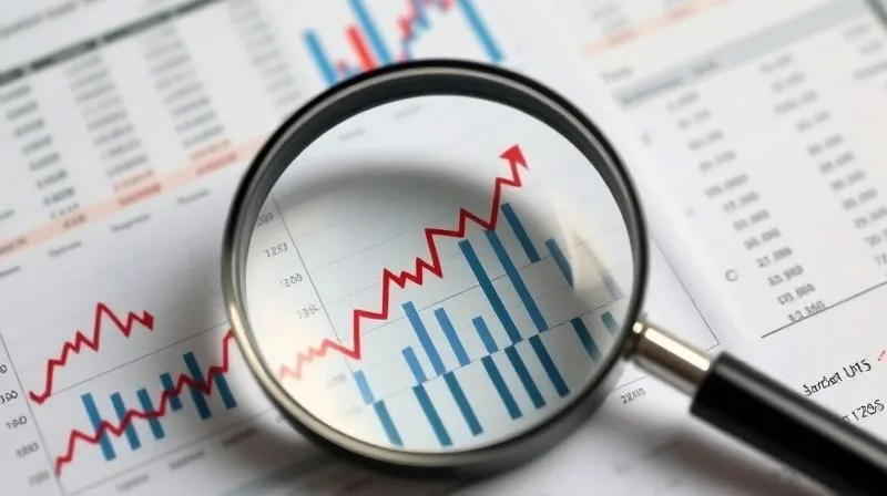 A photorealistic image of a magnifying glass hovering over a complex financial chart showing an upward trend in interest rates, with a business balance sheet in the background. Cinematic lighting, sharp focus, 8K, depth of field.