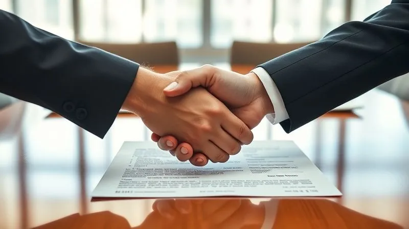 A photorealistic close-up of two business hands shaking over a loan document on a polished conference table, symbolizing successful negotiation. Soft, professional lighting, sharp focus on the handshake, 8K, depth of field.