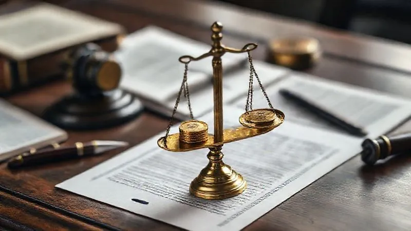 A photorealistic, professional photography image of an antique wooden desk with neatly arranged legal documents, a quill pen, and a small, intricate brass scale balancing two stacks of gold coins against a single, larger coin, symbolizing the careful balance of wealth and legal strategy. 8K, cinematic lighting, sharp focus, depth of field.