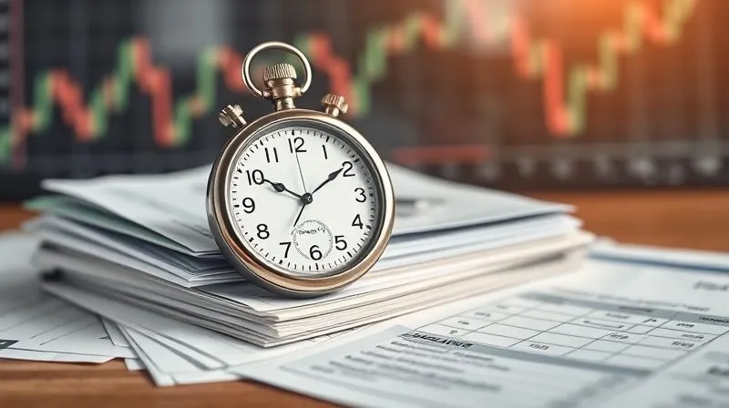 A photorealistic image of a vintage stopwatch resting on a stack of financial documents, with a blurry background of a growing stock chart. The focus is sharp on the stopwatch, symbolizing the importance of timing in financial decisions. Cinematic lighting, 8K hyper-detailed, shot on a high-end DSLR, depth of field.