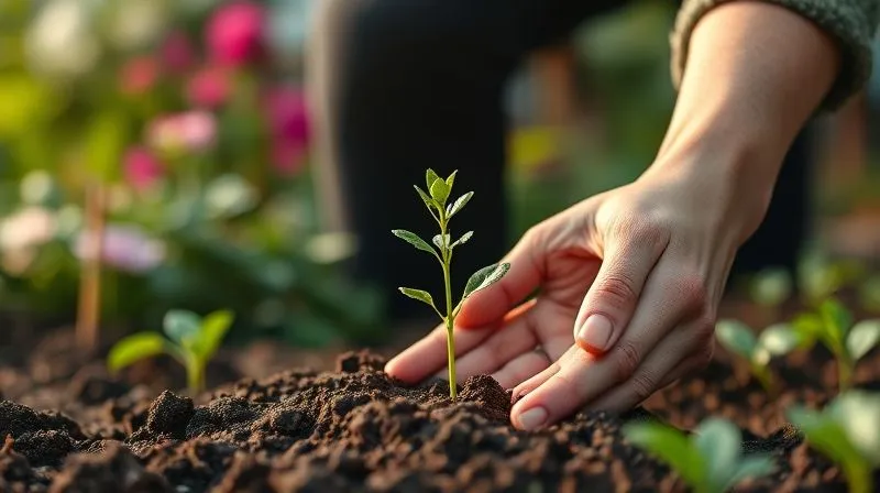A photorealistic image of a person's hands gently placing a small sapling into rich soil, with a blurred background of a thriving, diverse garden. The sapling represents a charitable contribution growing over time, and the garden symbolizes community benefit. Cinematic lighting, sharp focus on the hands and sapling, 8K hyper-detailed, shot on a high-end DSLR, depth of field.