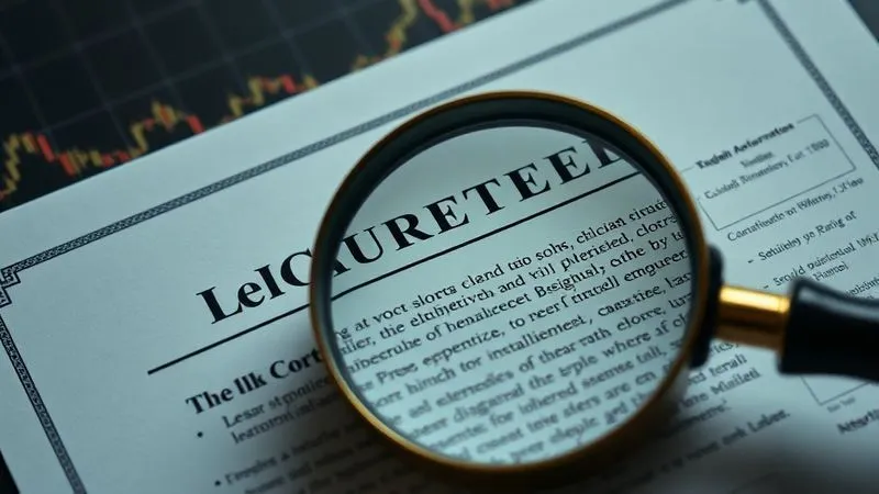 A photorealistic close-up of a legal contract or stock certificate with a magnifying glass highlighting specific clauses, framed by a subtle, soft financial graph in the background. Professional photography, 8K, cinematic lighting, sharp focus, depth of field.