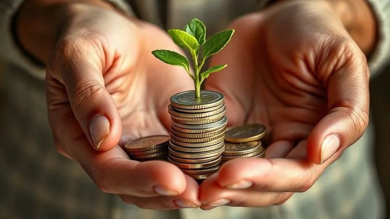 A photorealistic image of two hands, one older and one younger, gently holding a seedling that is growing out of a stack of coins, symbolizing growth, legacy, and philanthropy. Cinematic lighting, sharp focus, depth of field, 8K professional photography.