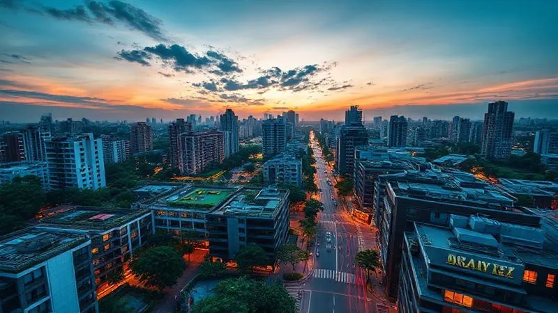 A photorealistic aerial view of a vibrant, redeveloped urban area at dusk, with modern architecture, green spaces, and active street life, symbolizing economic growth and investment. Professional photography, 8K, cinematic lighting, sharp focus, depth of field.