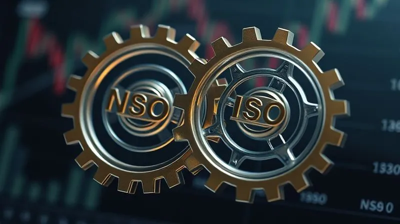 A photorealistic image of two distinct, transparent financial gears, one labeled 'NSO' and the other 'ISO', meshing together but operating on slightly different axes, symbolizing their interconnected yet distinct tax mechanics. The gears are made of polished brass and glass, with a soft glow emanating from within, set against a dark, subtly blurred background of financial charts. Professional photography, 8K, cinematic lighting, sharp focus, depth of field, shot on a high-end DSLR.