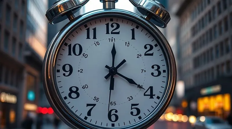 A photorealistic image of a complex analog clock face, with various hands pointing to different financial markers like 'Exercise Date', 'Vesting', 'Long-Term Gains', and 'Tax Deadline'. The clock is set against a blurred background of a bustling financial district at dawn, symbolizing strategic timing and opportunity. Professional photography, 8K, cinematic lighting, sharp focus on the clock, depth of field, shot on a high-end DSLR.