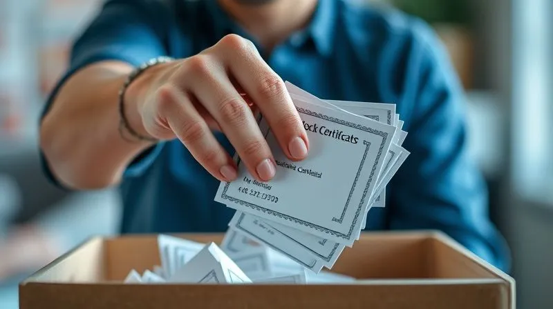 A photorealistic image of a hand gently placing a stack of stylized stock certificates into a donation box, with a blurred background of a smiling charity worker. Professional photography, 8K, cinematic lighting, sharp focus on the hands and certificates, depth of field, shot on a high-end DSLR.