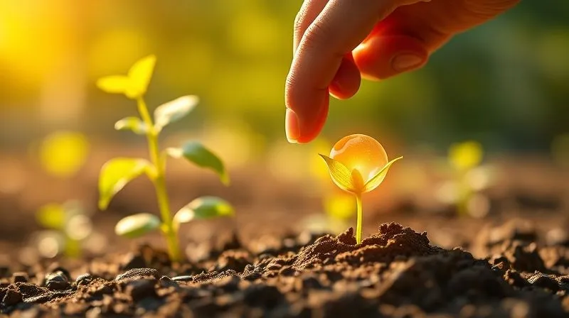 A photorealistic image showing a visual metaphor for investment and growth. A hand is carefully placing a small, illuminated seed (representing education) into fertile soil, with a vibrant, growing plant (representing career growth and financial return) already flourishing in the background. The lighting is warm and optimistic, sharp focus on the hand and seed, depth of field blurring the background, 8K hyper-detailed, professional photography.