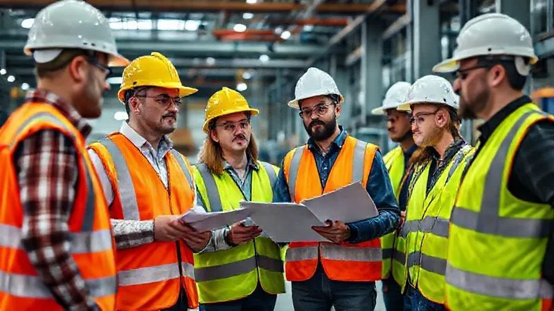 A photorealistic, professional photography, 8K, cinematic lighting, sharp focus, depth of field, shot on a high-end DSLR, showing a team of diverse professionals in hard hats and safety vests conducting a detailed safety inspection in a modern industrial facility, pointing out potential hazards, with safety checklists in hand. The scene conveys diligence and proactive risk management.
