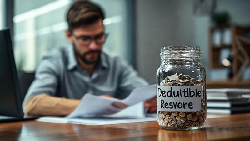 A photorealistic, professional photography, 8K, cinematic lighting, sharp focus, depth of field, shot on a high-end DSLR, showing a small business owner looking thoughtfully at a financial ledger or digital spreadsheet, with a separate jar labeled 'Deductible Reserve' prominently displayed on the desk, symbolizing prudent financial planning and dedicated savings for unexpected insurance costs.