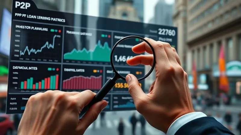 A photorealistic, professional photography, 8K, cinematic lighting, sharp focus, depth of field, shot on a high-end DSLR. A person's hand meticulously reviewing a digital dashboard displaying various P2P lending platform metrics like default rates, loan volume, and investor returns, with a magnifying glass hovering over a complex data point. The background subtly shows a bustling financial district, emphasizing careful analysis in a dynamic market.