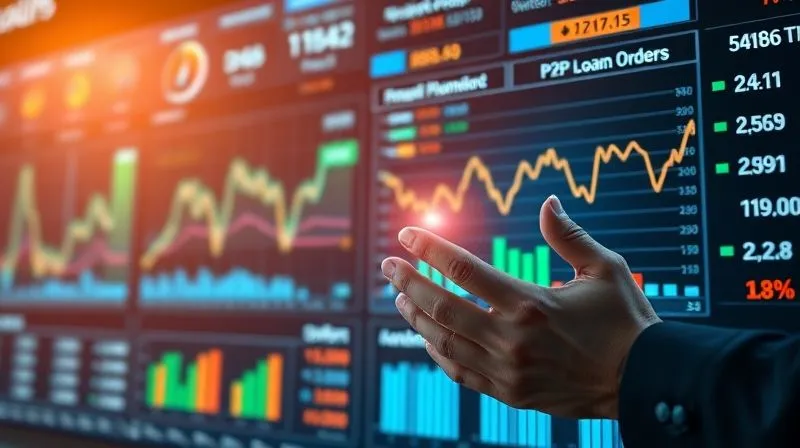 A photorealistic, professional photography, 8K, cinematic lighting, sharp focus, depth of field, shot on a high-end DSLR. A dynamic digital interface of a P2P secondary loan market, showing a flurry of buy and sell orders, graphs depicting loan performance, and real-time bids. The focus is on the rapid exchange of data and the strategic decisions being made by a semi-transparent overlay of investor hands interacting with the screen.