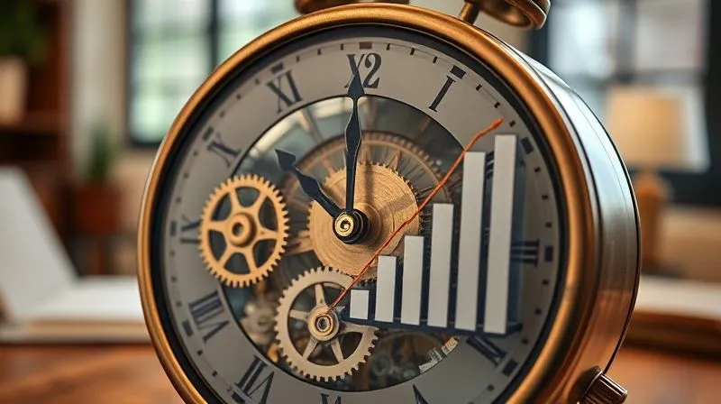 photorealistic, professional photography, 8K, cinematic lighting, sharp focus, depth of field, shot on a high-end DSLR. A sophisticated, antique clockwork mechanism with gears visibly turning, subtly interwoven with financial charts showing upward growth. The clock represents the fixed term of a GRAT, while the growing charts symbolize the appreciation of assets being transferred. The background is a soft, blurred image of a family business office, conveying strategic financial planning.
