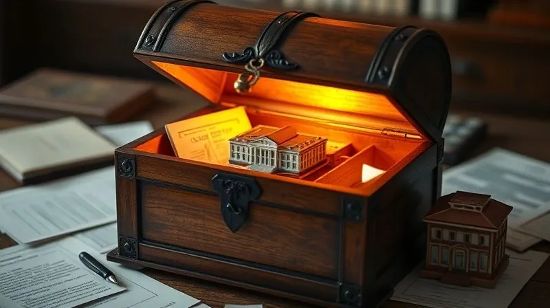 photorealistic, professional photography, 8K, cinematic lighting, sharp focus, depth of field, shot on a high-end DSLR. A sturdy, antique wooden chest, slightly ajar, revealing a warm, golden glow emanating from within, symbolizing secure, tax-free liquidity. Around the chest are blurred financial documents and a small, intricate model of a family business building, emphasizing protection and preservation. The scene evokes a sense of relief and security.