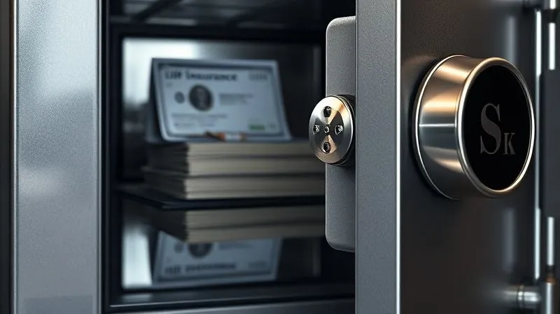 A photorealistic, professional photograph of a secure, fireproof safe, slightly ajar, revealing stacks of crisp currency and a life insurance policy document, with a subtle, blurred reflection of a valuable art piece on the safe's polished surface. Cinematic lighting, sharp focus on the safe's contents, depth of field, 8K hyper-detailed, shot on a high-end DSLR.