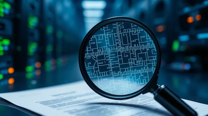 A photorealistic image of a magnifying glass meticulously examining complex digital contracts and security protocols, with a blurred background of interconnected servers. Professional photography, 8K, cinematic lighting, sharp focus, depth of field.