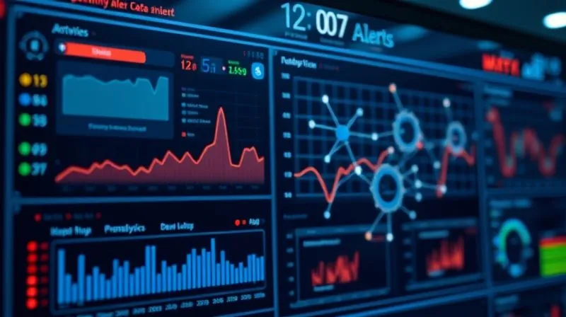 A photorealistic image of a sophisticated digital dashboard displaying real-time security alerts and data flow analytics, with a glowing network graph connecting various entities. Professional photography, 8K, cinematic lighting, sharp focus on the dashboard, depth of field.