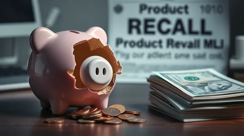 Photorealistic, professional photography, 8K, cinematic lighting, sharp focus, depth of field, shot on a high-end DSLR. A shattered piggy bank with coins spilling out, alongside a stack of bills on a desk, with a blurred background of a product recall notice. The scene conveys financial loss and vulnerability, with a somber, urgent atmosphere.