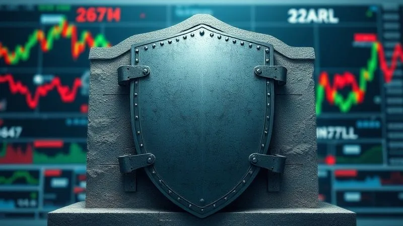 Photorealistic, professional photography, 8K, cinematic lighting, sharp focus, depth of field, shot on a high-end DSLR. A sturdy, reinforced financial shield or wall, made of metal and concrete, standing firm against a backdrop of blurred, chaotic market graphs and swirling recall notices. The image symbolizes financial resilience and protection.