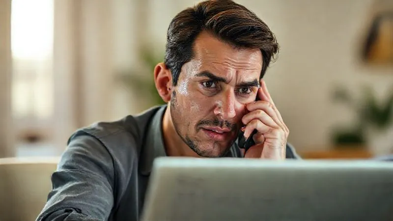 Photorealistic image of a person on a phone call, looking concerned but determined, with a laptop open showing a credit report in the background. Soft, warm lighting, sharp focus on the person's face, depth of field blurring the background. 8K hyper-detailed, professional photography, shot on a high-end DSLR.