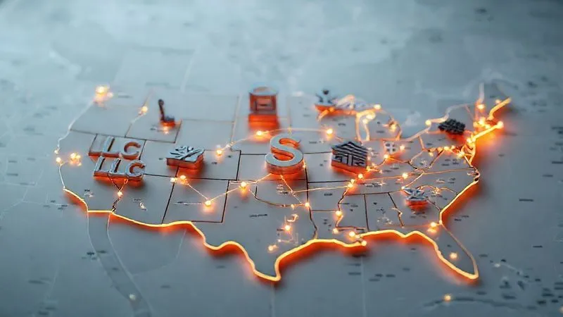 A photorealistic 3D rendering of various legal entity symbols (e.g., LLC, S-Corp, Trust icons) interconnected by glowing lines, strategically placed above a map of the United States, representing a multi-state real estate portfolio. Cinematic lighting highlights the complexity and strategic planning involved, sharp focus on the symbols, depth of field blurring the background map. 8K hyper-detailed.