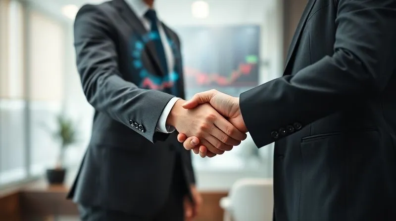 A professional handshake between two individuals in a modern, sleek, and minimalist office setting, symbolizing a confidential Over-The-Counter (OTC) deal. In the softly blurred background, a subtle digital interface shows financial charts and data, hinting at the underlying crypto market without being explicit. Cinematic lighting, sharp focus on the handshake, depth of field, 8K hyper-detailed, professional photography.