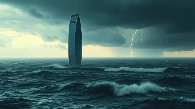 A photorealistic image of a lone, towering skyscraper standing amidst a stormy, turbulent sea, with dark clouds gathering overhead and lightning striking in the distance, dramatic cinematic lighting, sharp focus on the skyscraper, depth of field blurring the tumultuous waves, 8K hyper-detailed, symbolizing a concentrated asset facing extreme market volatility.