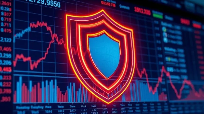 A photorealistic image of a complex financial dashboard displaying real-time market data, with a prominent graph showing a sharp market downturn, and a digital 'protective shield' icon superimposed over a section of the portfolio, illustrating dynamic hedging strategies in action, blue and orange color scheme, cinematic lighting, sharp focus on the data, 8K hyper-detailed.