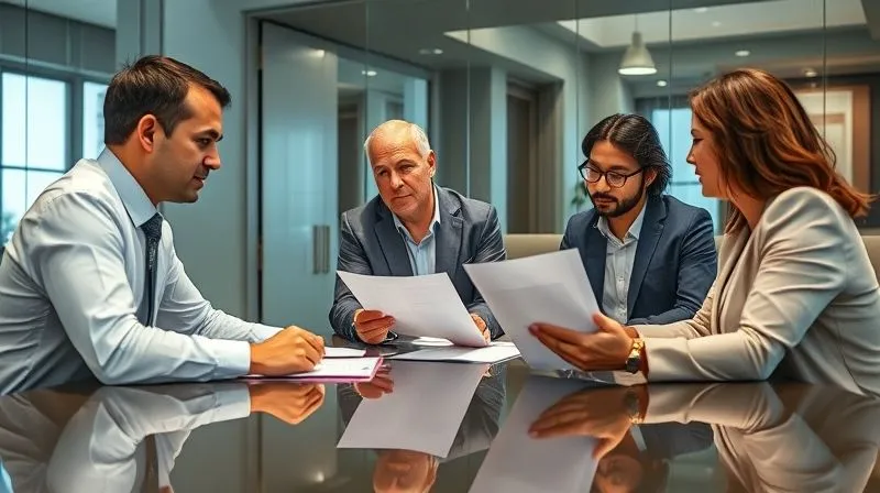 photorealistic, professional photography, 8K, cinematic lighting, sharp focus, depth of field, shot on a high-end DSLR, a diverse group of professional advisors (attorney, CPA, financial planner) in a modern boardroom, intently discussing documents with a business owner, symbolizing collaborative expert guidance for a complex business sale, with a sense of trust and strategic planning.