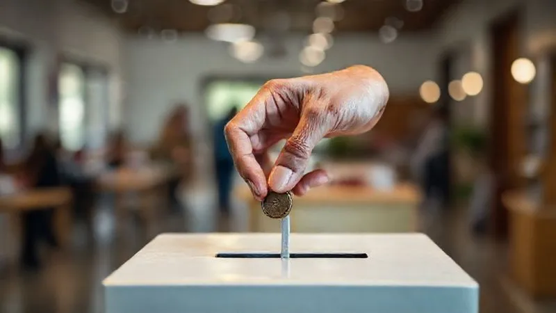 Photorealistic, professional photography, 8K, cinematic lighting, sharp focus on a pair of hands gently placing a coin into a donation box, with a blurred background of a serene community center. The scene conveys generosity and impactful giving, shot on a high-end DSLR, subtle depth of field.