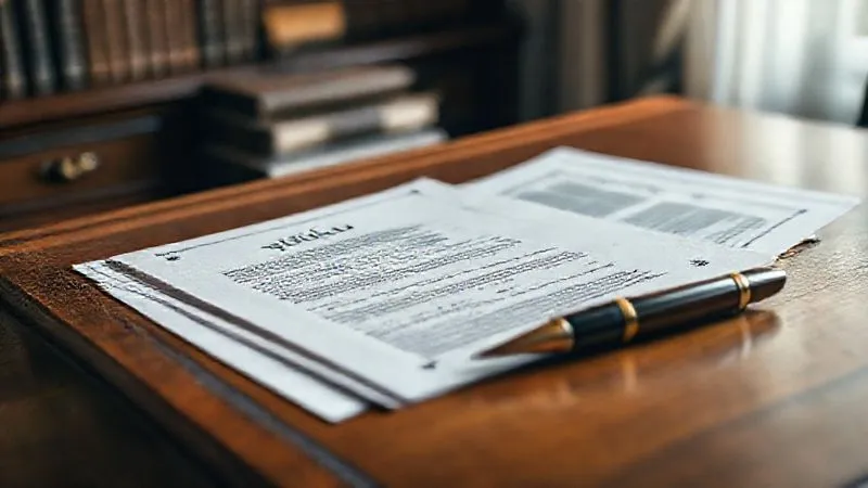 Photorealistic, professional photography, 8K, cinematic lighting, sharp focus on a neatly organized collection of legal documents, including a will and trust papers, on a classic wooden desk, with a fountain pen resting beside them. The background is a softly blurred, warm-toned study, emphasizing careful planning and legacy. Shot on a high-end DSLR, rich textures and subtle depth of field.