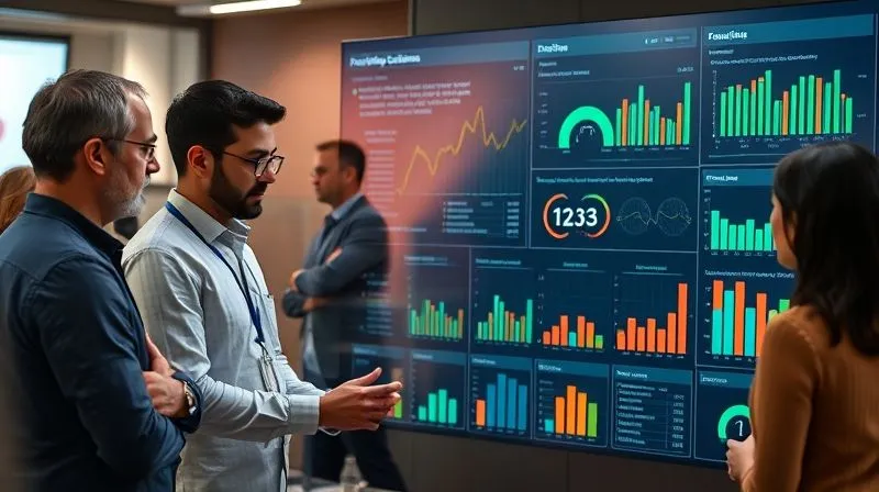 photorealistic, professional photography, 8K, cinematic lighting, sharp focus, depth of field, shot on a high-end DSLR. A diverse group of financial professionals (data scientists, ethicists, business leaders) collaboratively analyzing a complex digital dashboard showing financial metrics and fairness scores, with a focus on graphs indicating improved equity in lending outcomes. The atmosphere is one of focused problem-solving and shared achievement.