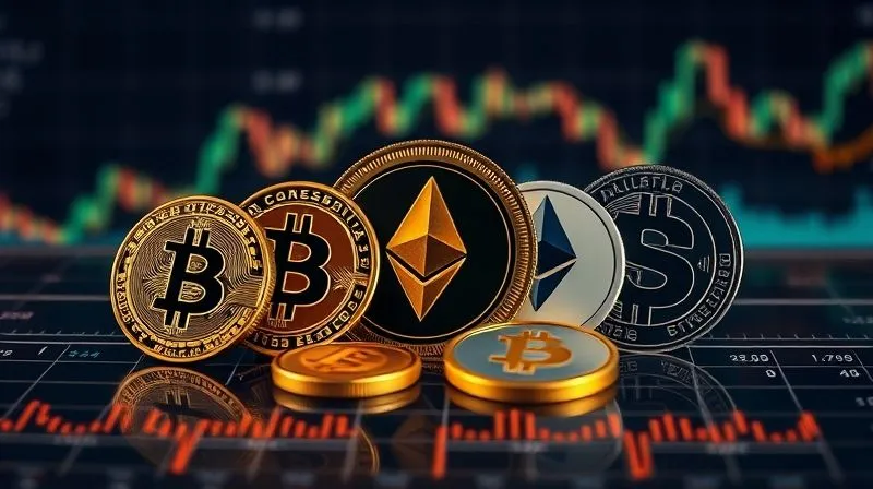 Photorealistic, professional photography, 8K, cinematic lighting, sharp focus, depth of field, shot on a high-end DSLR. A diverse collection of digital currency symbols (Bitcoin, Ethereum, Solana, a stablecoin symbol, etc.) arranged harmoniously on a futuristic financial dashboard, with protective, interwoven lines connecting them, symbolizing a diversified portfolio. The background shows a calm, stable market graph, contrasting with the potential for volatility, emphasizing security through variety.