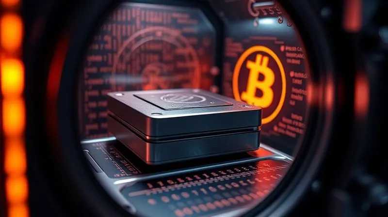 Photorealistic, professional photography, 8K, cinematic lighting, sharp focus, depth of field, shot on a high-end DSLR. A sleek, metallic hardware wallet securely nestled in a tamper-evident, futuristic vault, surrounded by a glowing digital security grid. The background shows blurred lines of code and a faint Bitcoin symbol, emphasizing impenetrable digital asset security and cold storage. The mood is one of absolute protection and advanced technology.