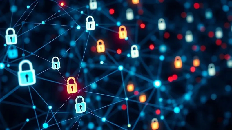 A photorealistic, professional photography, 8K, cinematic lighting, sharp focus, depth of field, shot on a high-end DSLR, of a complex digital network with glowing nodes representing data points, some nodes are securely locked with digital shields, while others show faint red warnings, symbolizing the balance between innovation and risk in open banking. The image evokes a sense of vigilance and intricate management.