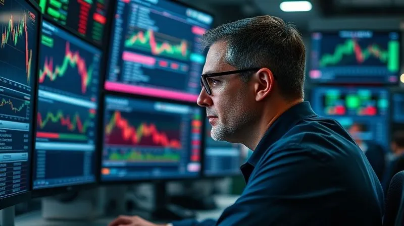 A photorealistic image of a financial analyst intently monitoring multiple screens displaying real-time currency charts and economic news feeds, with a sense of urgency and focus. The background is a sophisticated trading floor, 8K, cinematic lighting, sharp focus on the analyst's face and screens, depth of field blurring the background, shot on a high-end DSLR.
