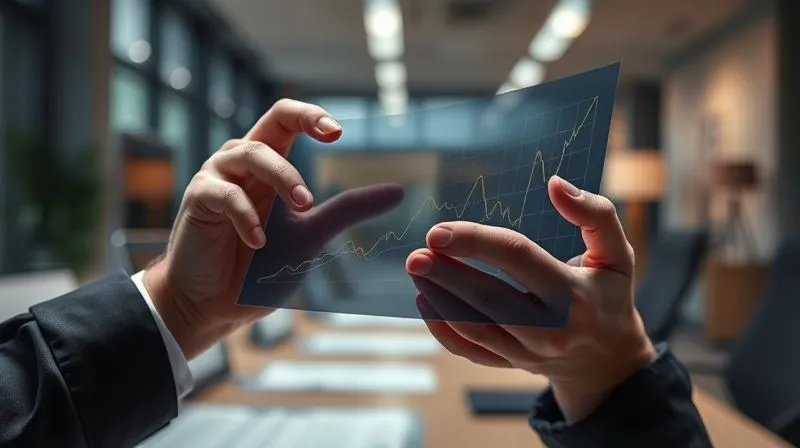A photorealistic image of a person's hands holding a complex financial graph, with a subtle overlay of abstract thought patterns or cognitive biases represented by blurred, swirling lines. The setting is a modern office, conveying deep contemplation and strategic decision-making. 8K, cinematic lighting, sharp focus on the hands and graph, depth of field blurring the background, shot on a high-end DSLR.