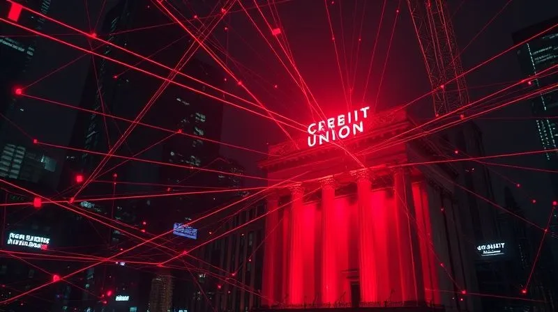 Photorealistic image depicting a complex network of digital threats, represented by glowing red lines and abstract data streams, converging on a stylized, vulnerable credit union building, with a sense of urgency and danger, cinematic lighting, sharp focus, 8K hyper-detailed, professional photography, shot on a high-end DSLR.